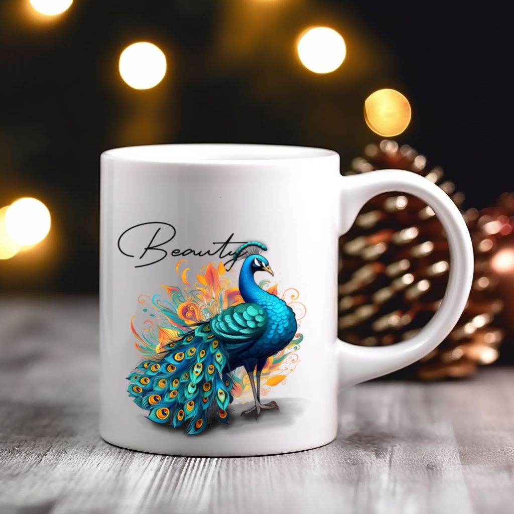 White mug with a colorful peacock design and 'Beauty' text, set against a blurred festive background.