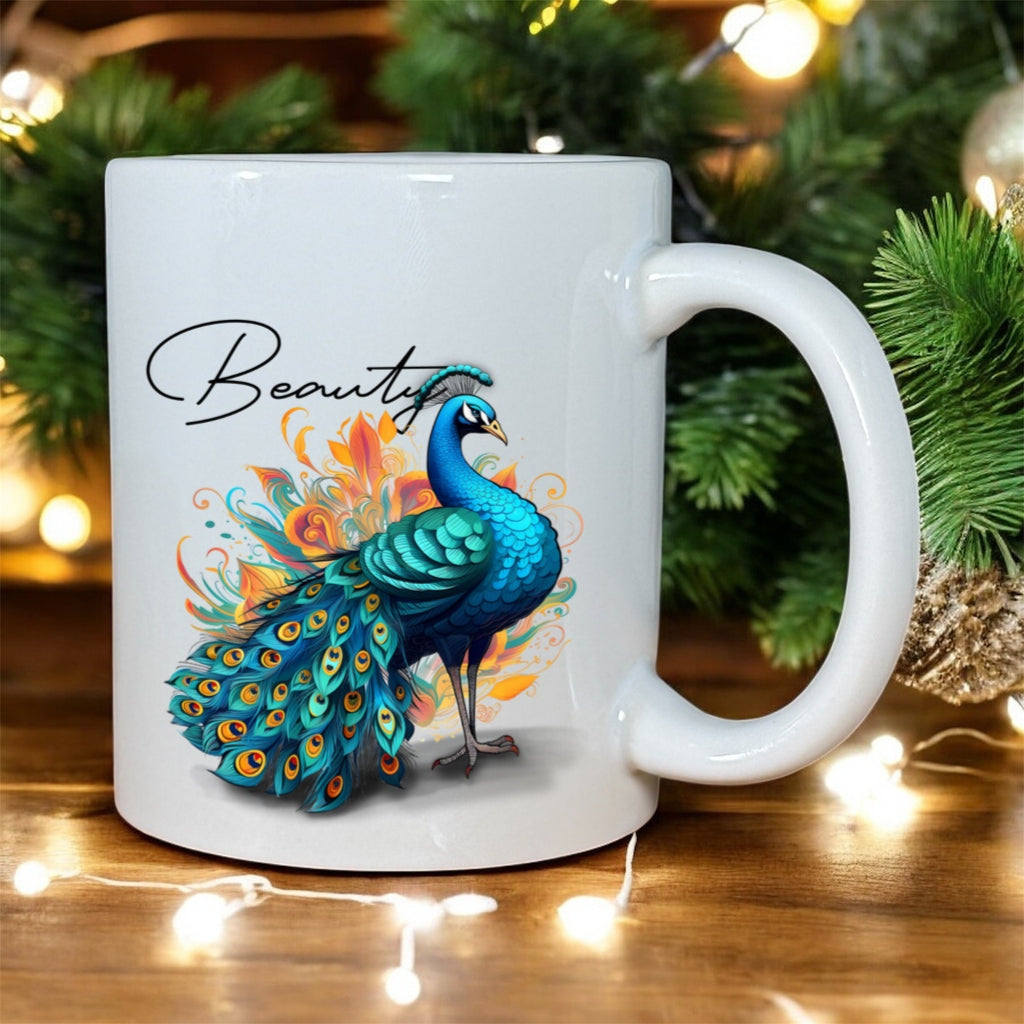 White mug with a peacock design and 'Beauty' text, set against a festive background with lights and greenery.