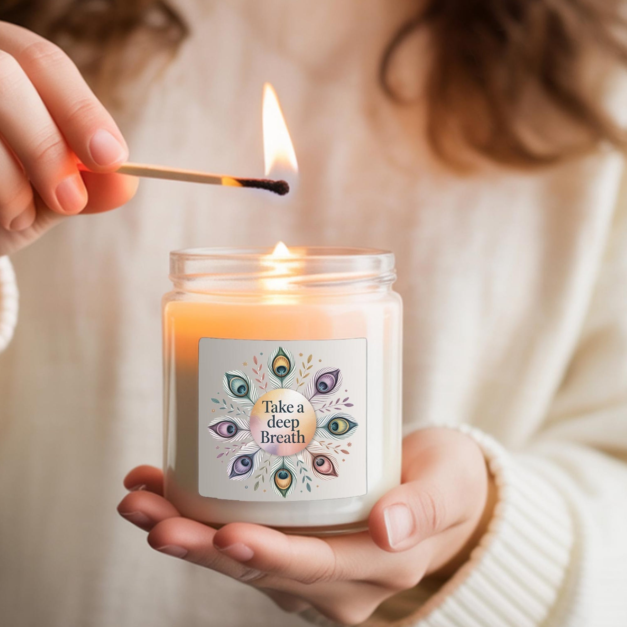 Person lighting a candle labeled 'Take a Deep Breath' with a match.