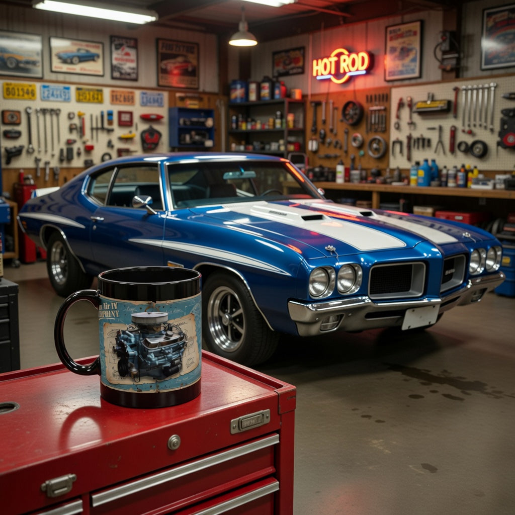 Blue and white muscle car in a garage with a mug featuring a Pontiac Ram Air IV engine on a red toolbox.