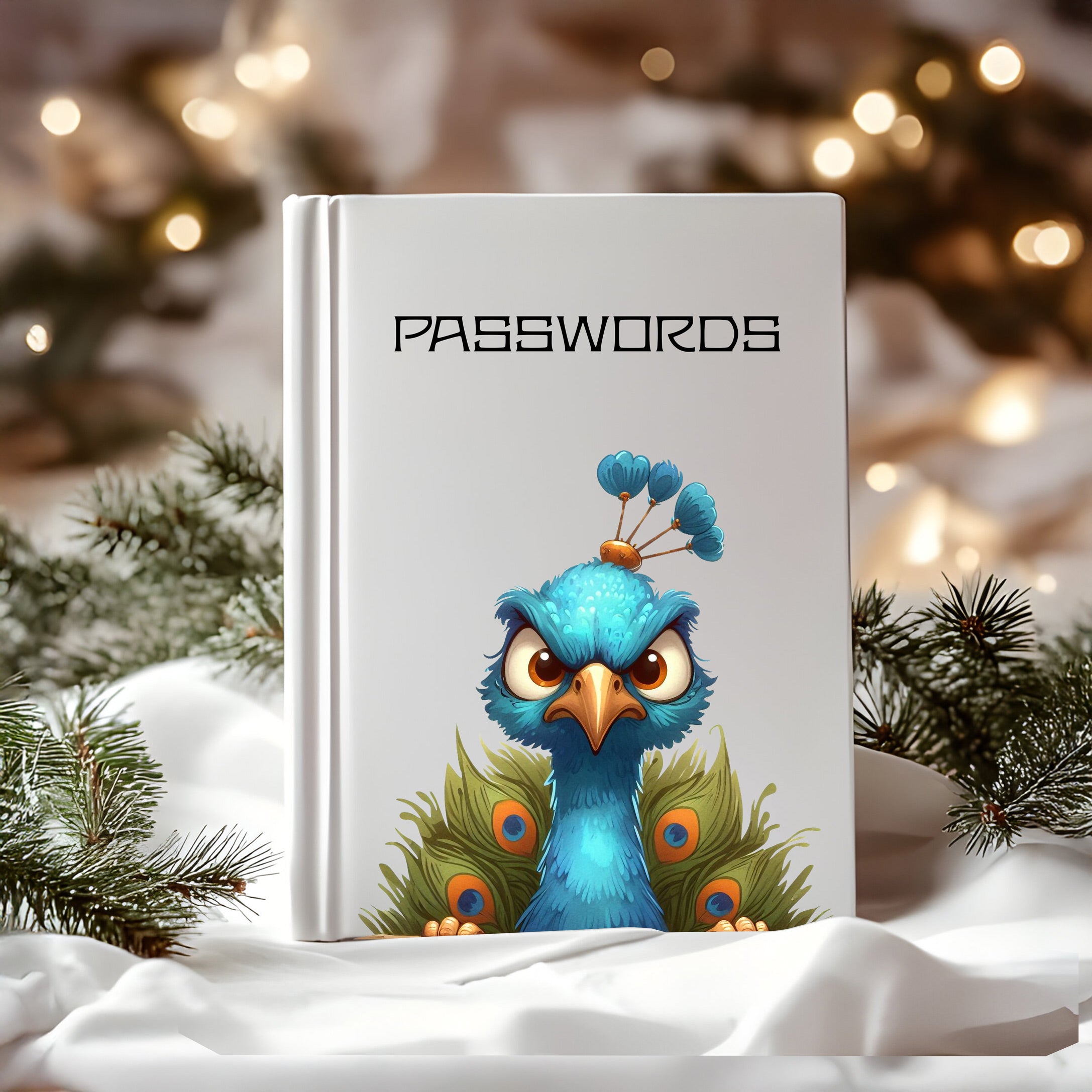 Angry peacock softcover passwords journal with 'PASSWORDS' on cover, surrounded by pine branches and festive lights.
