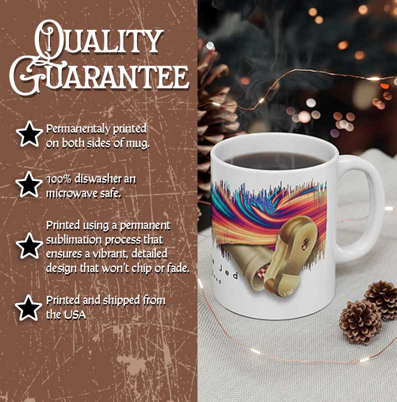 Mug with colorful design and quality guarantee text on a brown background