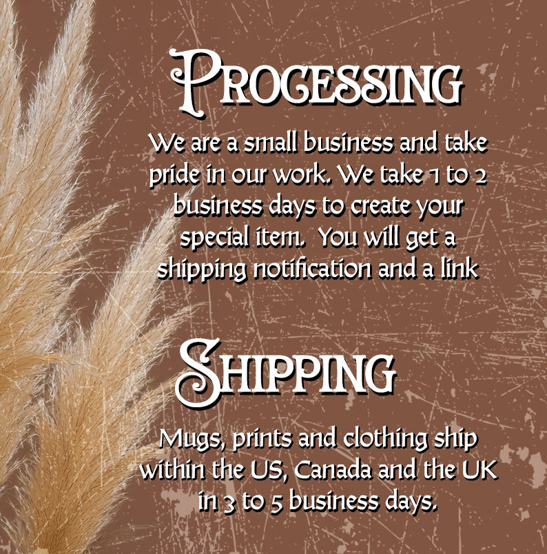 Image detailing processing time (1-2 business days) and shipping information (3-5 business days) for US, Canada, UK