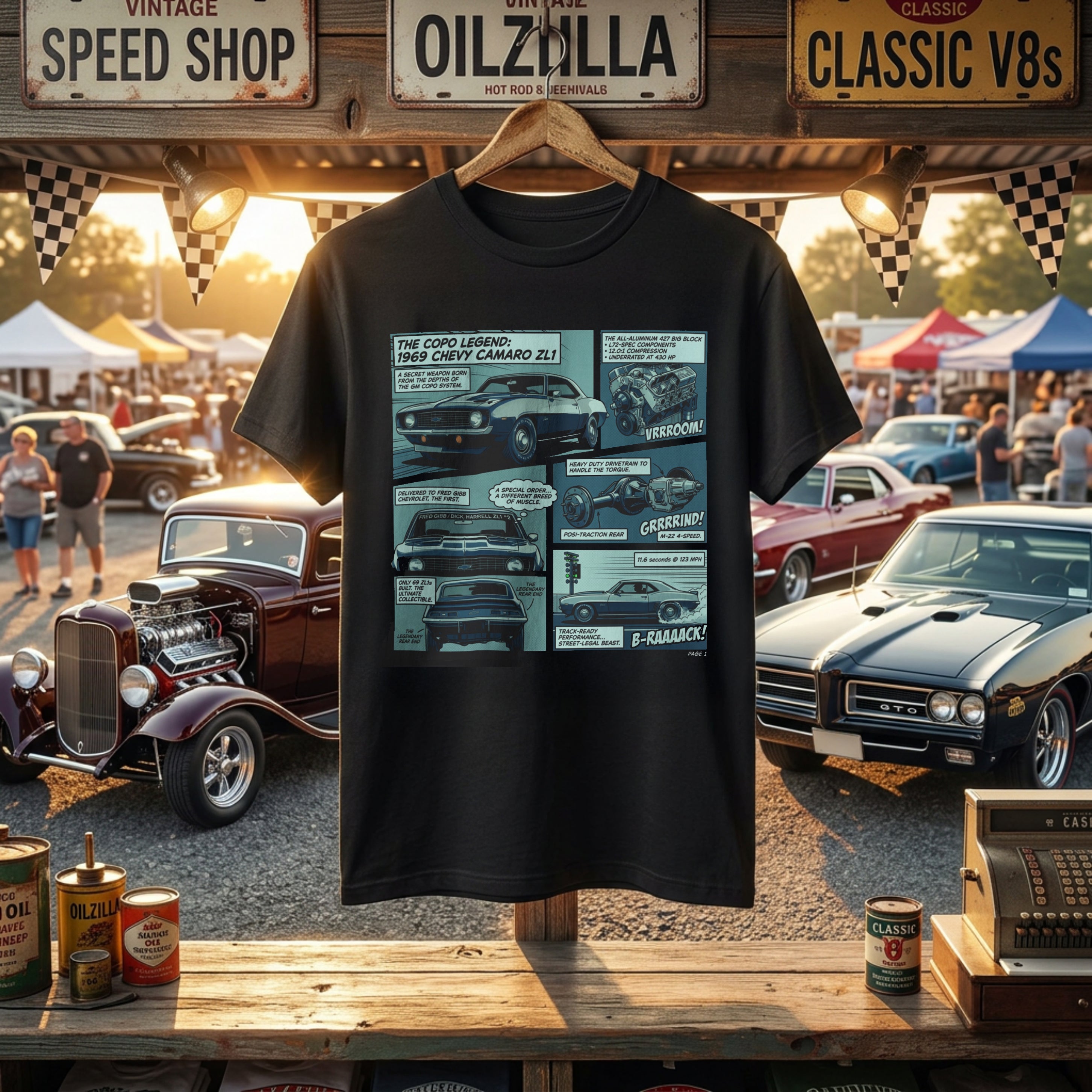 Chevy Camaro Muscle Car Comic Tee — Vintage Camaro Panels Graphic T‑Shirt
