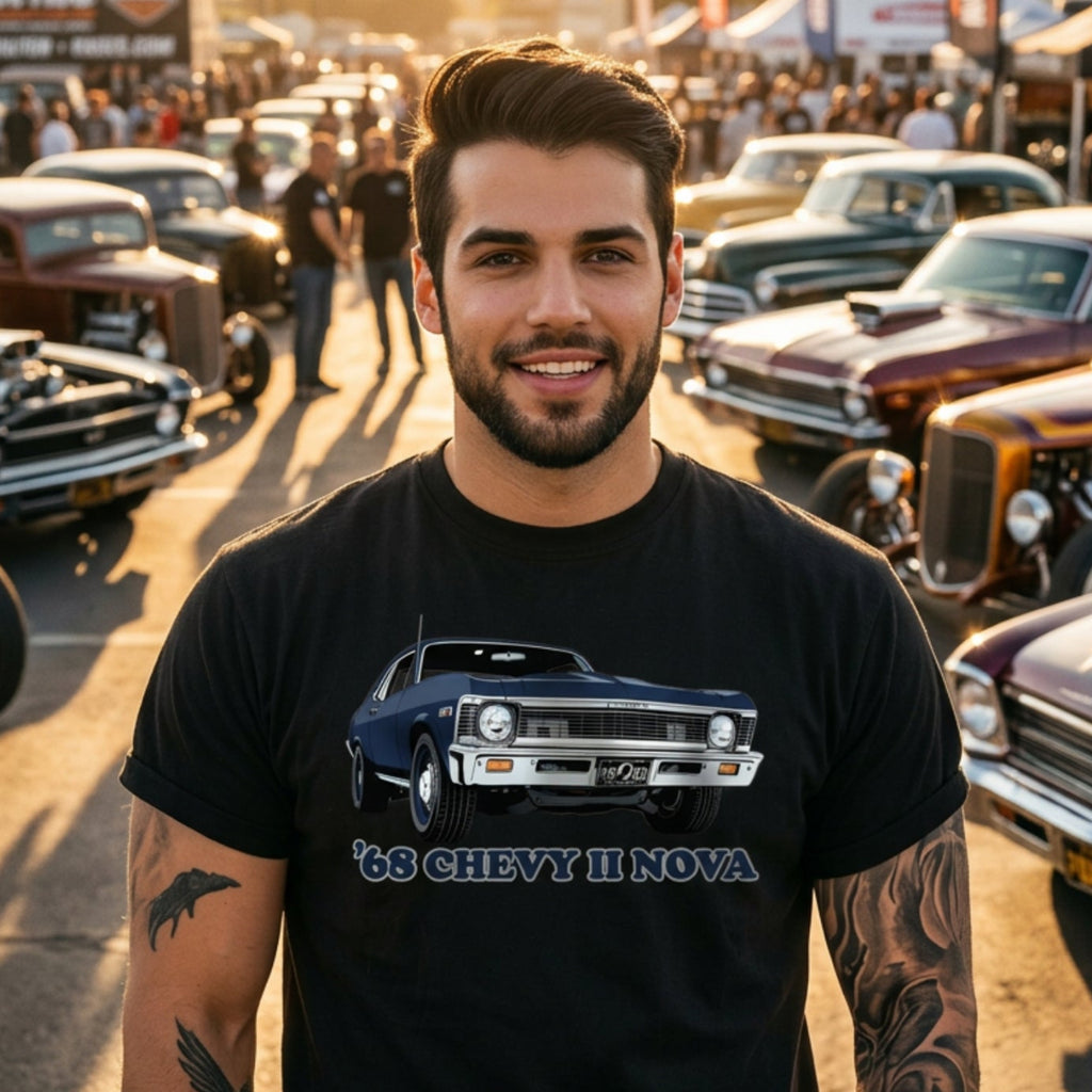 Man wearing a black t-shirt with a '68 Chevy II Nova graphic at a classic car show.