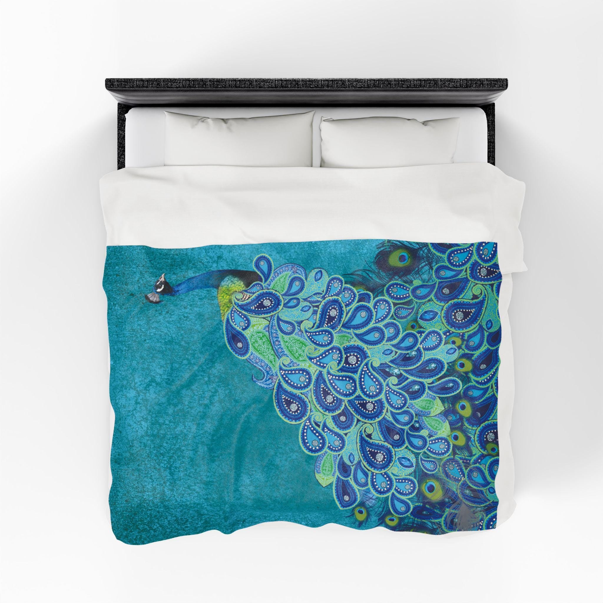 Blue Peacock Illustration Blanket | Decorative Animal Throw