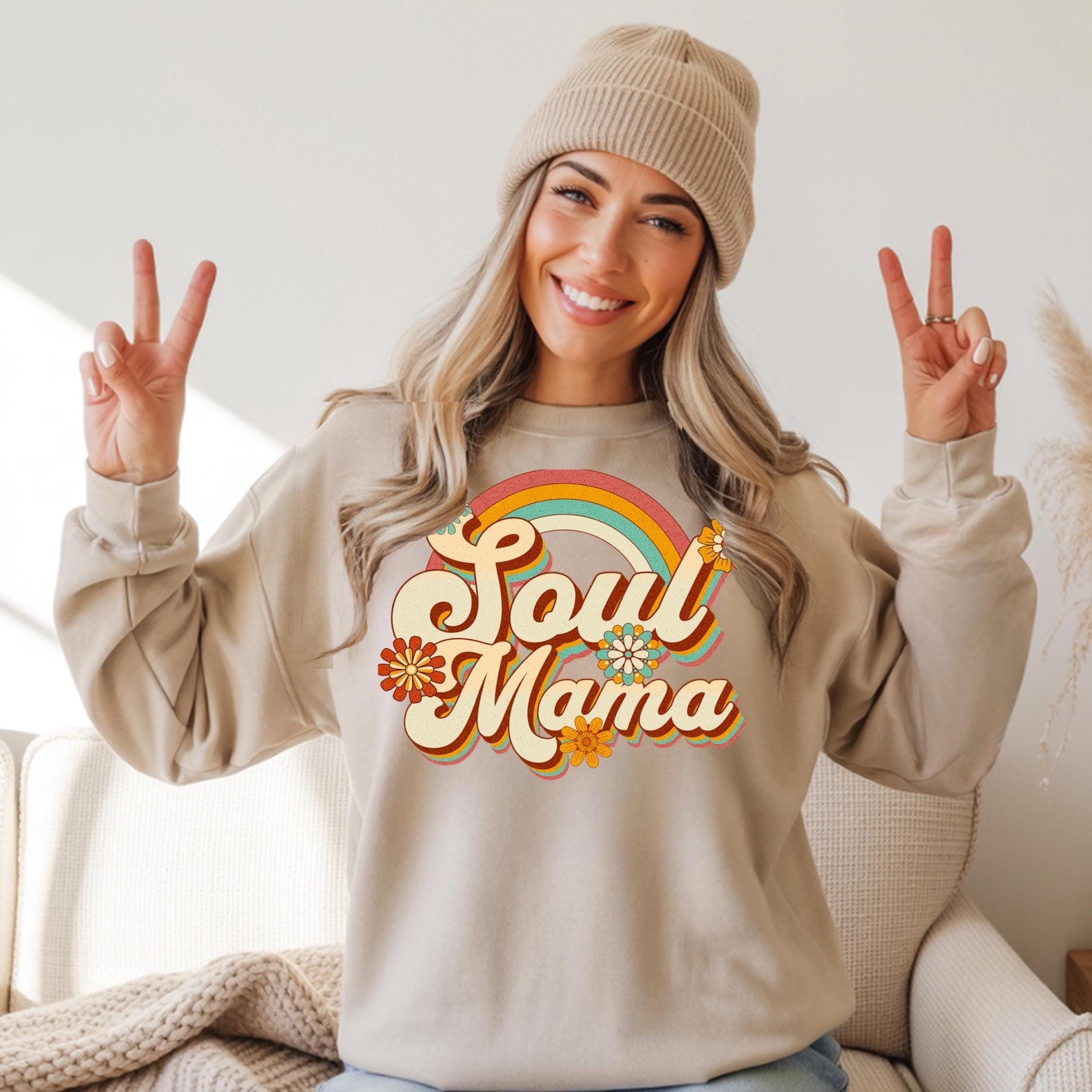 Boho Rainbow Shirt Soul Mama Cotton Tee Long Sleeve Casual Top Vintage Style Graphic Design Eco Friendly Mother Day Unisex Apparel
