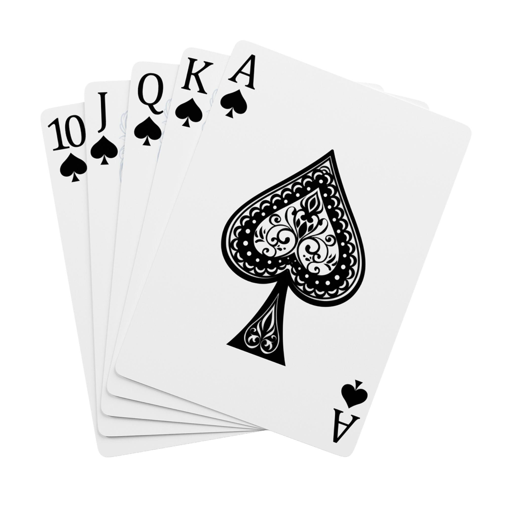 Close-up of poker cards with spade suit, including 10, Jack, Queen, King, and Ace, highlighting card game details.
