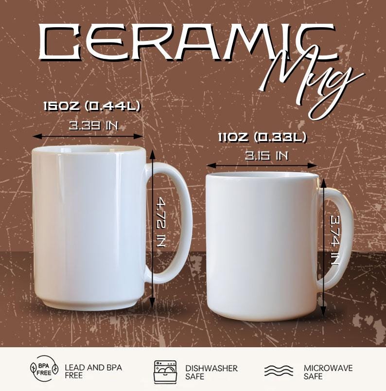 Two ceramic mugs with measurements and safety information on a brown background