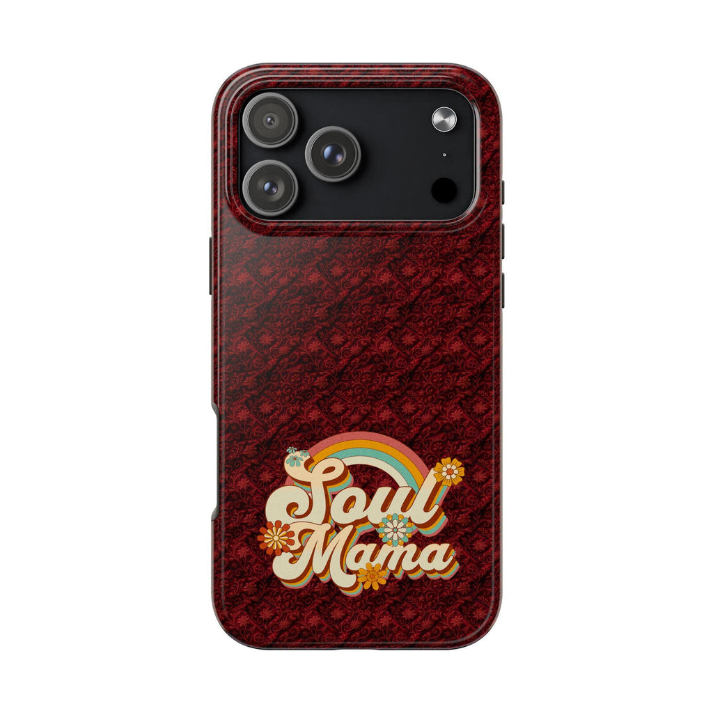Red Boho Rainbow Soul Mama tough phone case with floral design, showing camera cutouts and side buttons