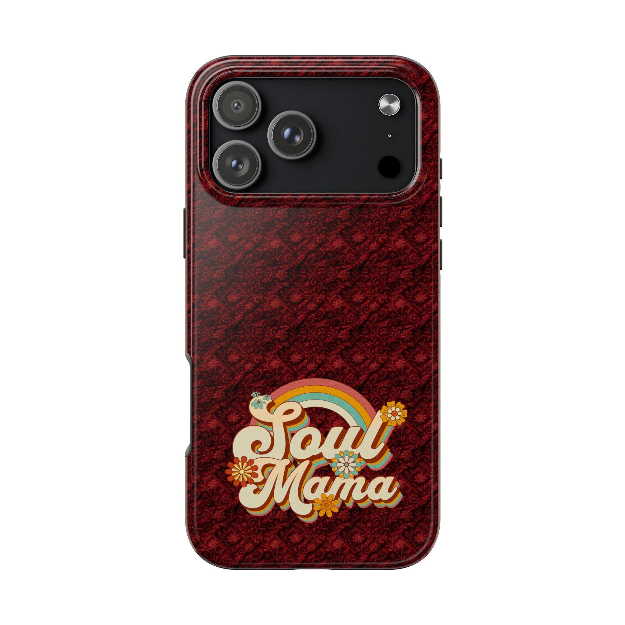 Red Boho Rainbow Soul Mama tough phone case with floral design, showing camera cutouts and side buttons
