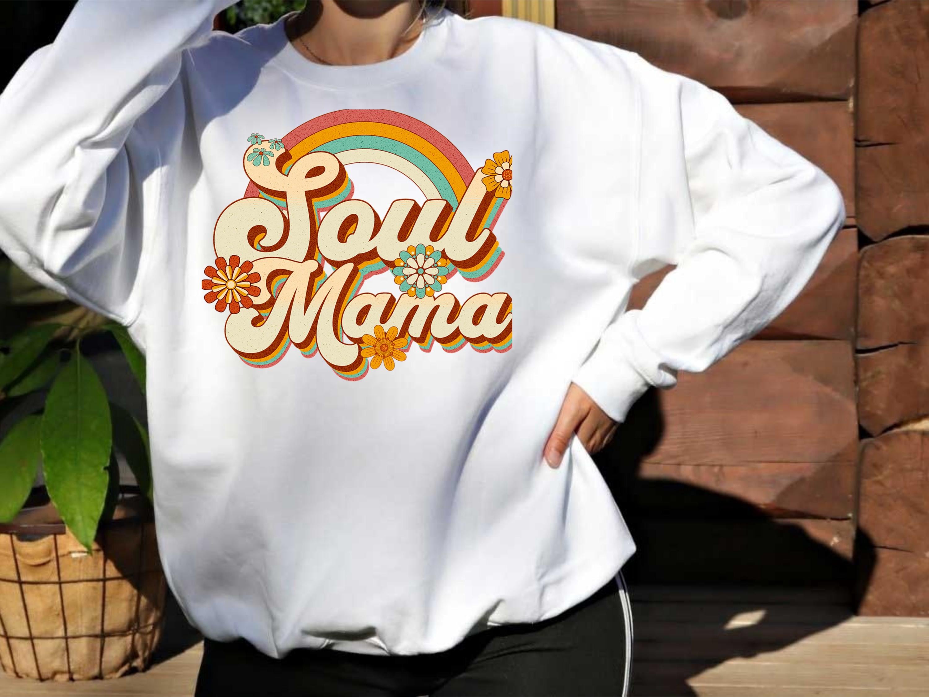 Boho Rainbow Shirt Soul Mama Cotton Tee Long Sleeve Casual Top Vintage Style Graphic Design Eco Friendly Mother Day Unisex Apparel