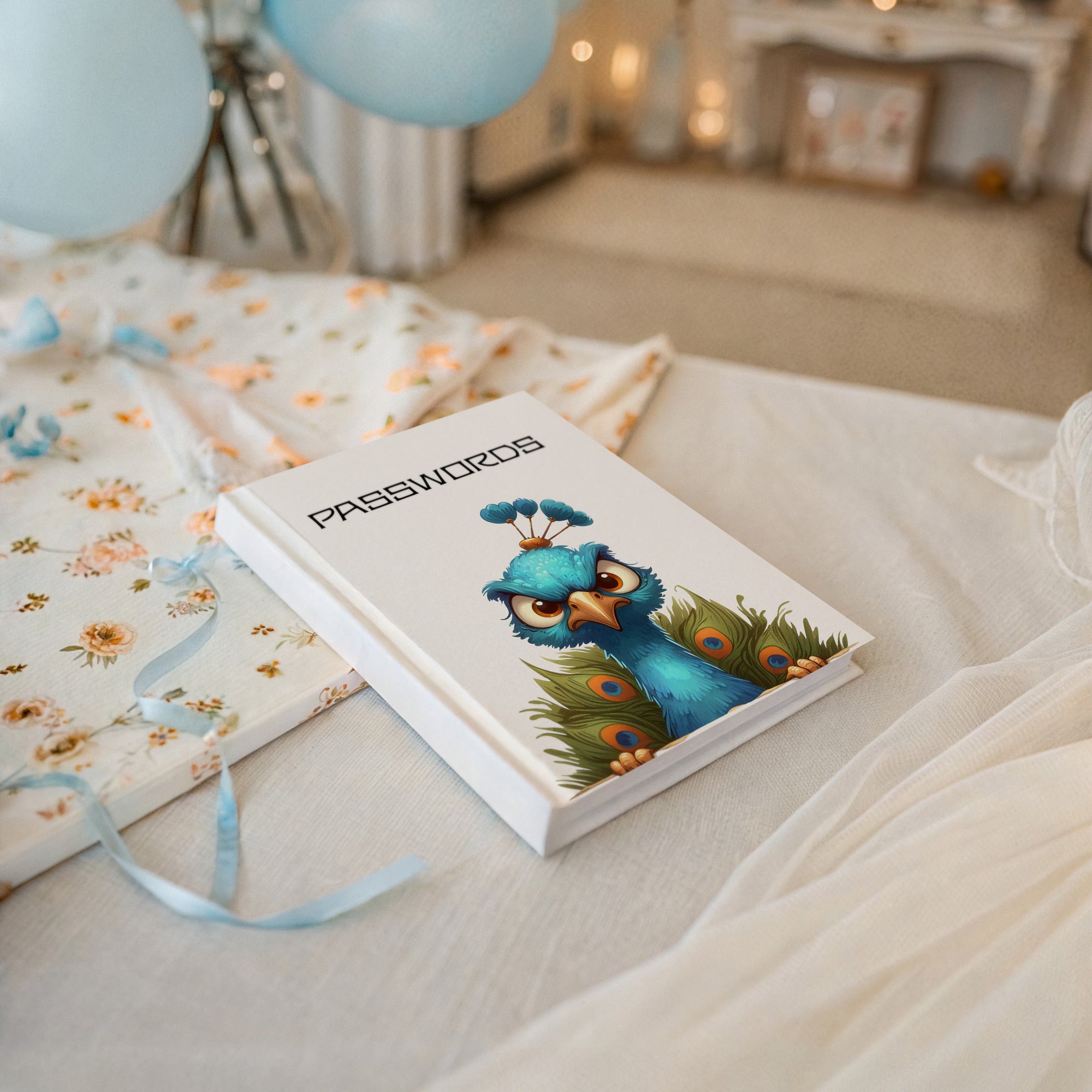 Angry Peacock Passwords Journal, softcover notebook, with blue peacock art on a white cover, next to a floral journal