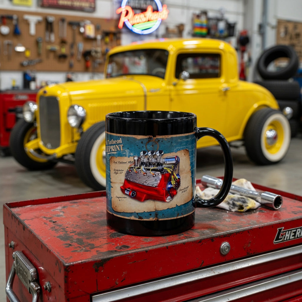 Mug with a vintage ford flathead engine design on a red toolbox in a garage setting with a yellow classic car.