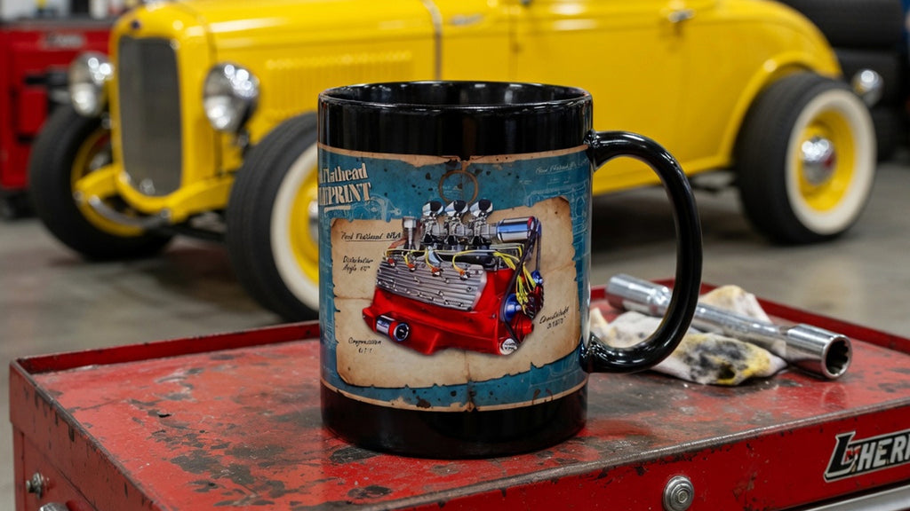 Mug with a vintage ford flathead engine design on a red toolbox in a garage setting with a yellow classic car.