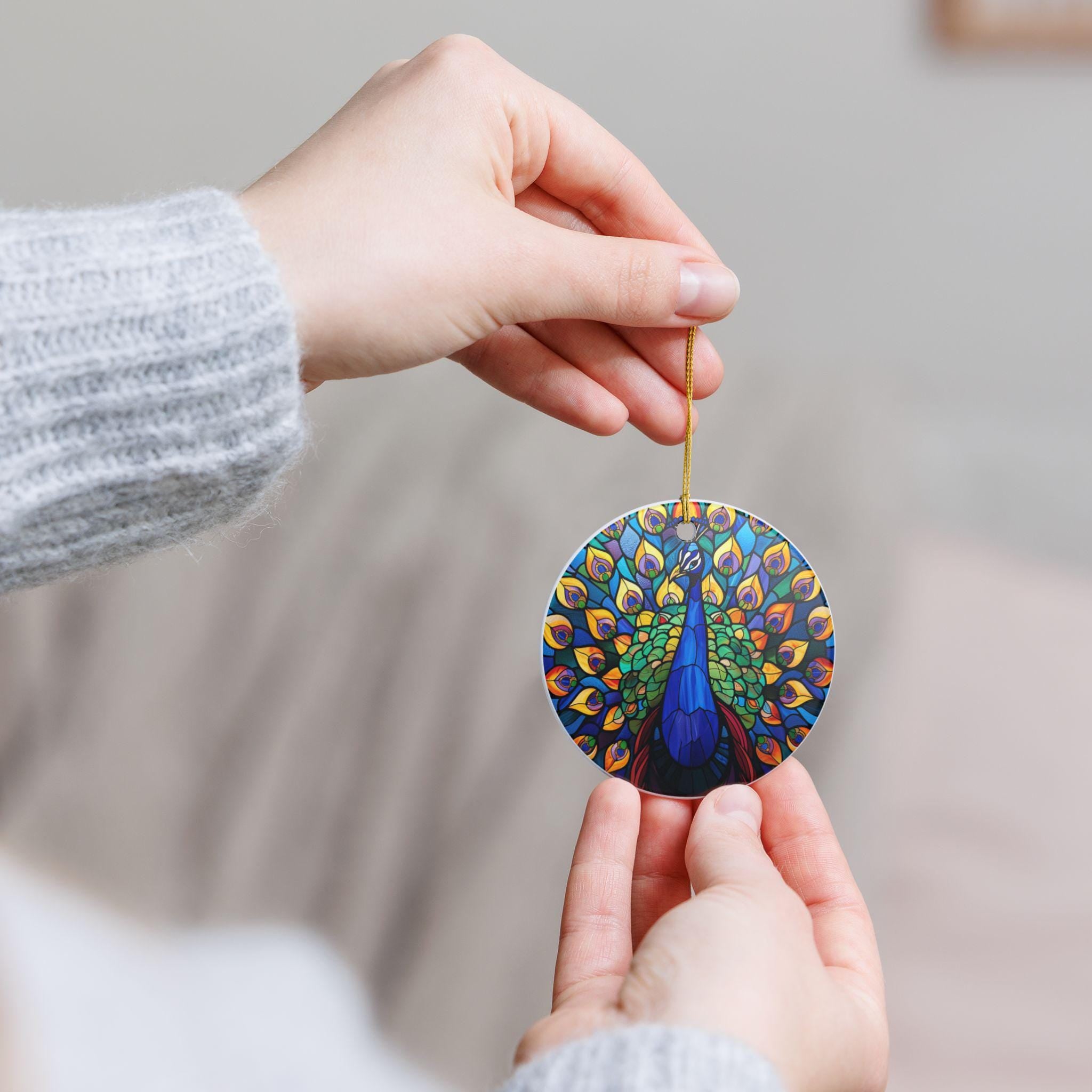 Hand holding a circular ornament with a peacock design against a neutral background