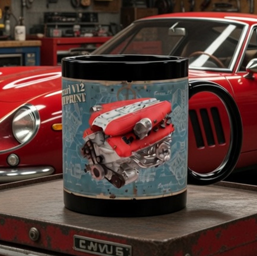 Guess the Engine - #5 Ferrari V12 Engine Blueprint Black Mug – Classic Car Mechanic Coffee Cup (11oz/15oz)