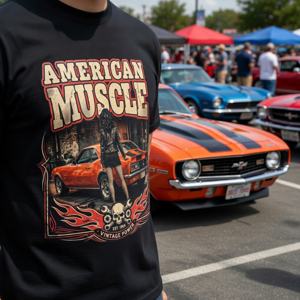 Man wearing an 'American Muscle' 1969 Chevy Camaro t-shirt standing in front of classic cars at a car show.