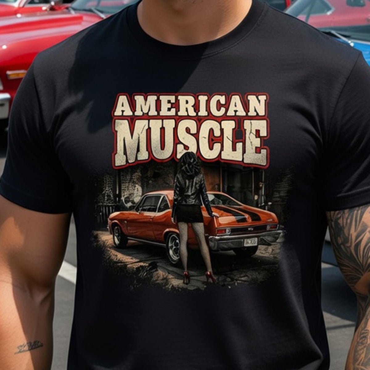 Person wearing a black t-shirt with 'American Muscle' graphic design featuring a car and woman.