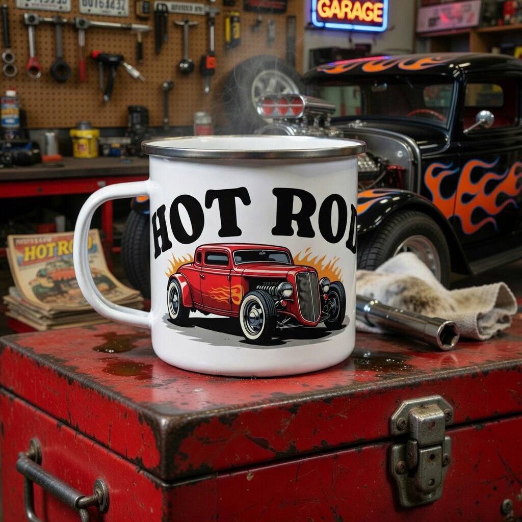 White mug with 'Hot Rod' and car graphic on a red toolbox in a garage setting