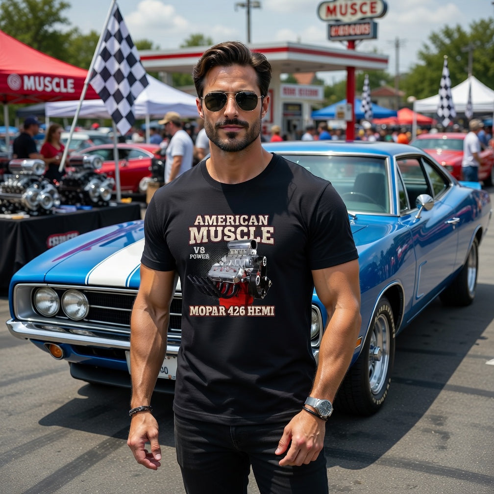 Man wearing an 'American Muscle' t-shirt standing in front of a blue muscle car at a car show.