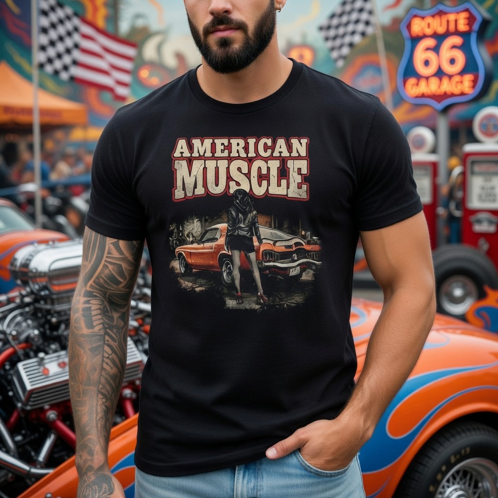 Man wearing a black t-shirt with 'American Muscle' graphic design, standing in front of vintage cars and Route 66 signs.