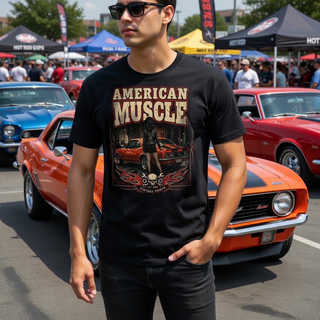 Man wearing an 'American Muscle' 1969 Chevy Camaro t-shirt standing in front of classic cars at a car show.