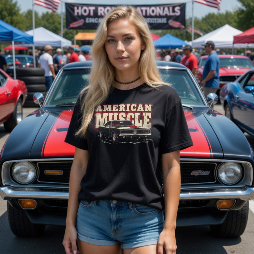 Woman wearing an 'American Muscle' t-shirt standing in front of classic cars at a car show.