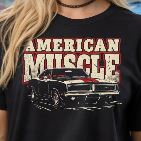 Woman wearing an 'American Muscle' t-shirt at a car show with classic cars in the background.