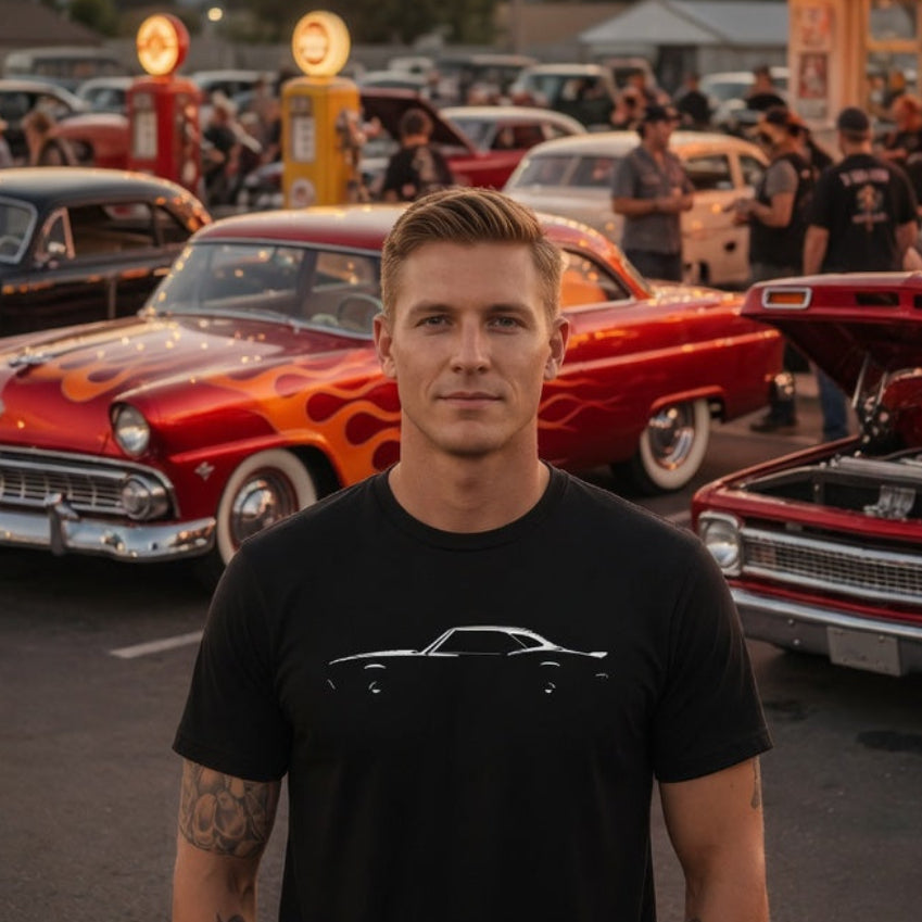 Man standing in front of classic cars at a car show with 'Cruise Inn' sign in the background.