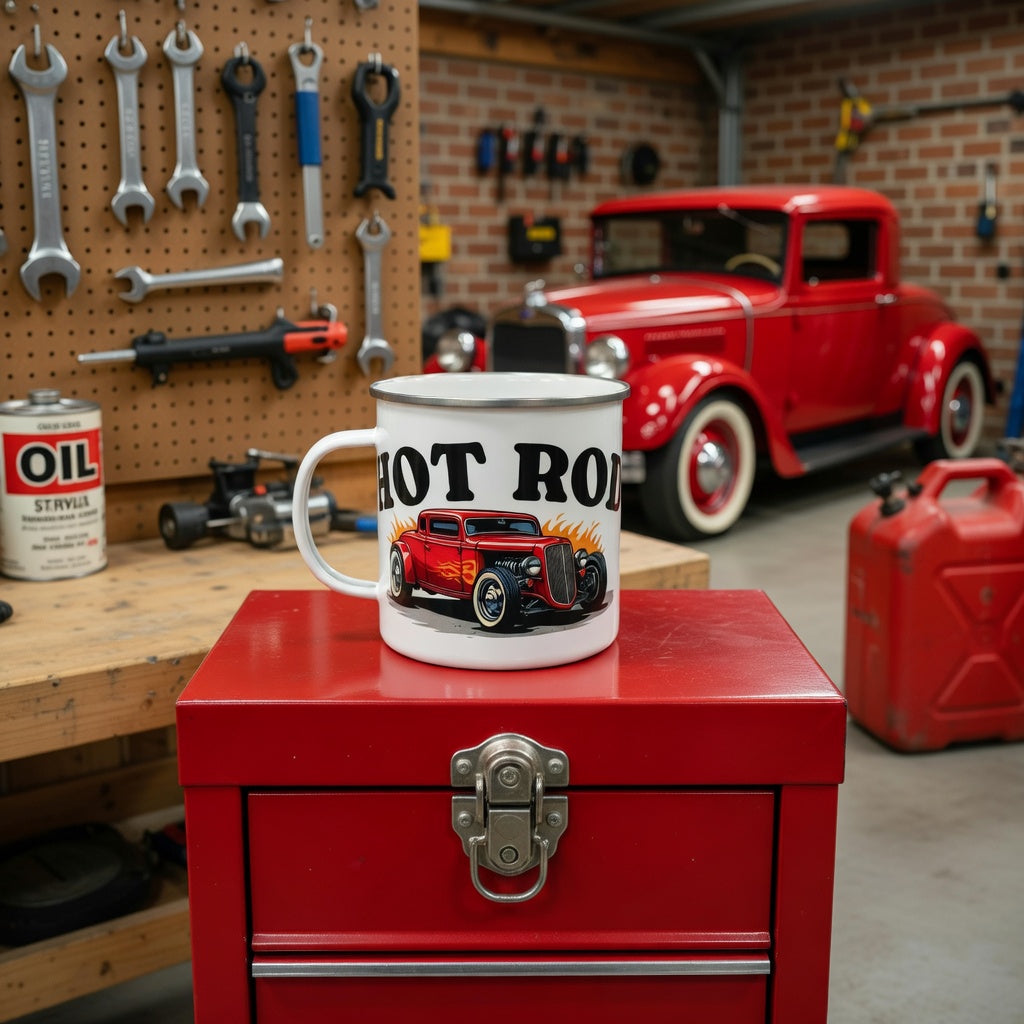 Mug with 'Hot Rod' design on a red toolbox in a garage setting