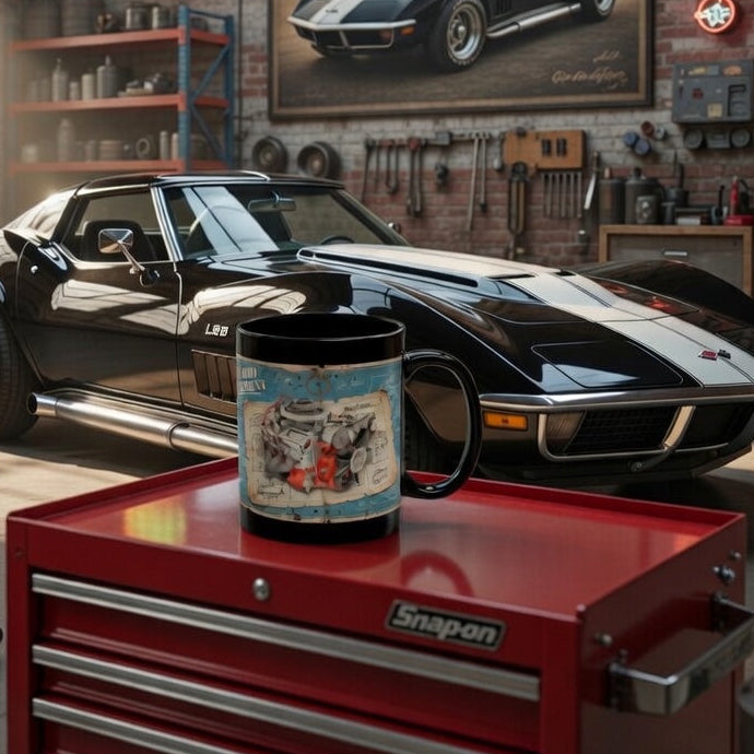 Black coffee mug with 1970 L88 Chevy Big Block engine. Guess the Engine #1