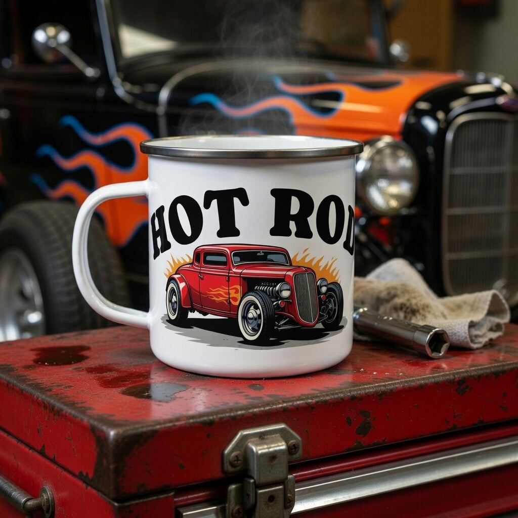 Hot Rod Enamel Camping Mug — Retro Red Classic Car perfect for Father's Day!