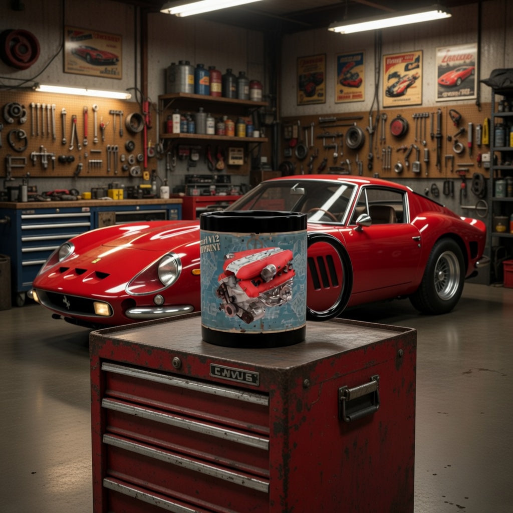Guess the Engine - #5 Ferrari V12 Engine Blueprint Mug – Classic Car Mechanic Coffee Cup (11oz/15oz)