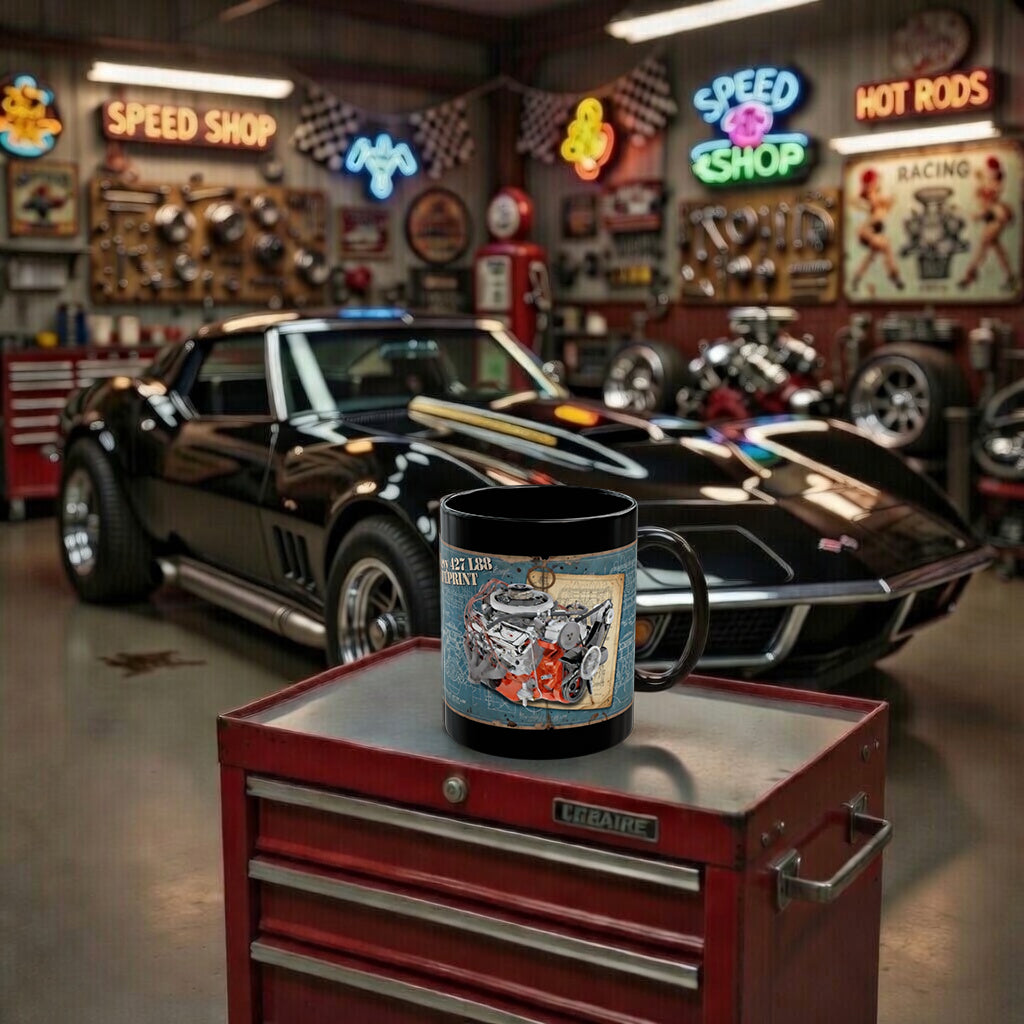 Black coffee mug with 1968 L88 Chevy Big Block engine. Guess the Engine #1
