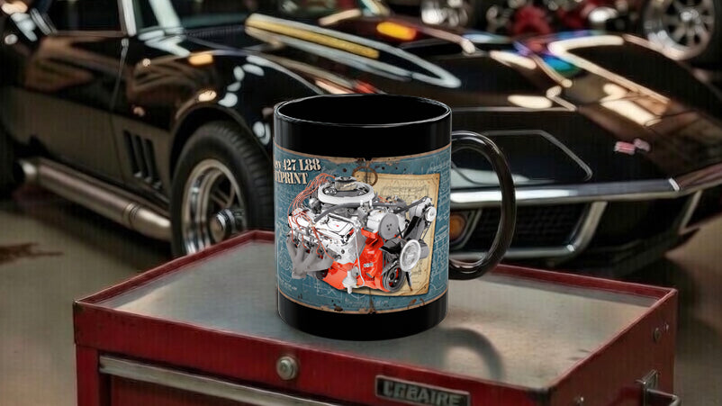 Black coffee mug with 1968 L88 Chevy Big Block engine. Guess the Engine #1