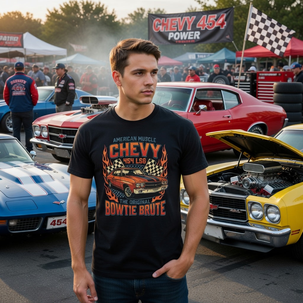 Man wearing a black t-shirt with a Chevy graphic at a car show