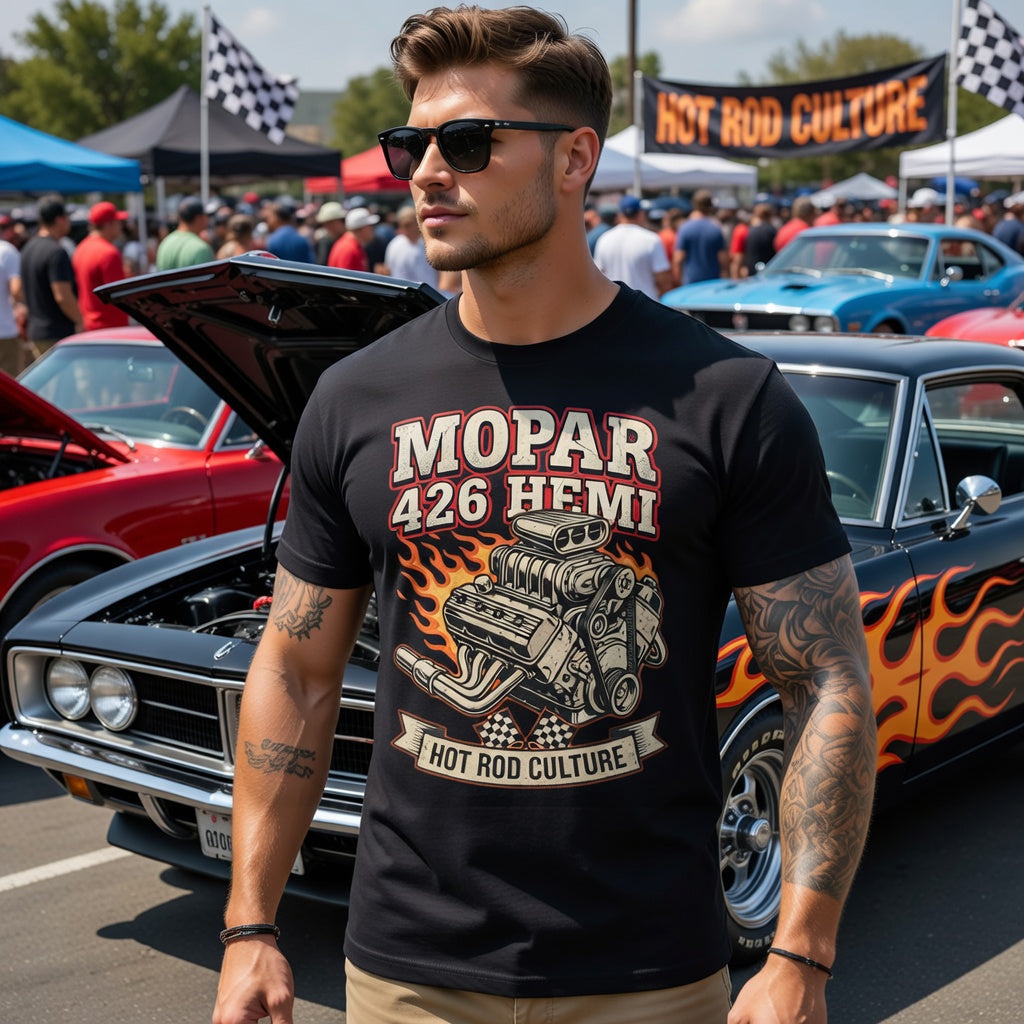 Man wearing a Mopar 426 Hemi t-shirt at a car show with classic cars in the background.