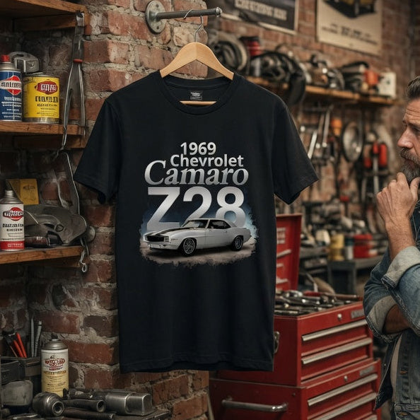 Man in a garage wearing a black t-shirt with a car design, surrounded by automotive tools and memorabilia.