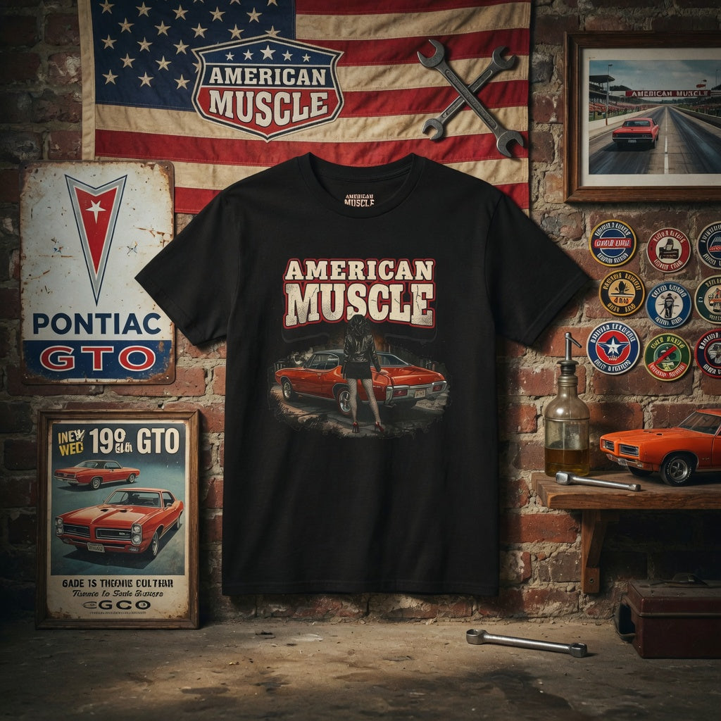 Black t-shirt with 'American Muscle' graphic design in front of an American flag and automotive-themed decor.