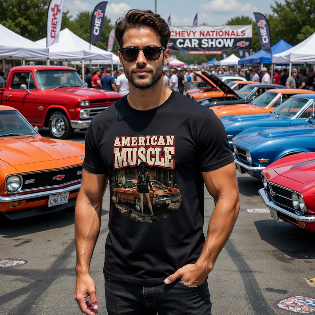 Person wearing a black t-shirt with 'American Muscle' graphic design featuring a woman and red 1968 chevy Impala.