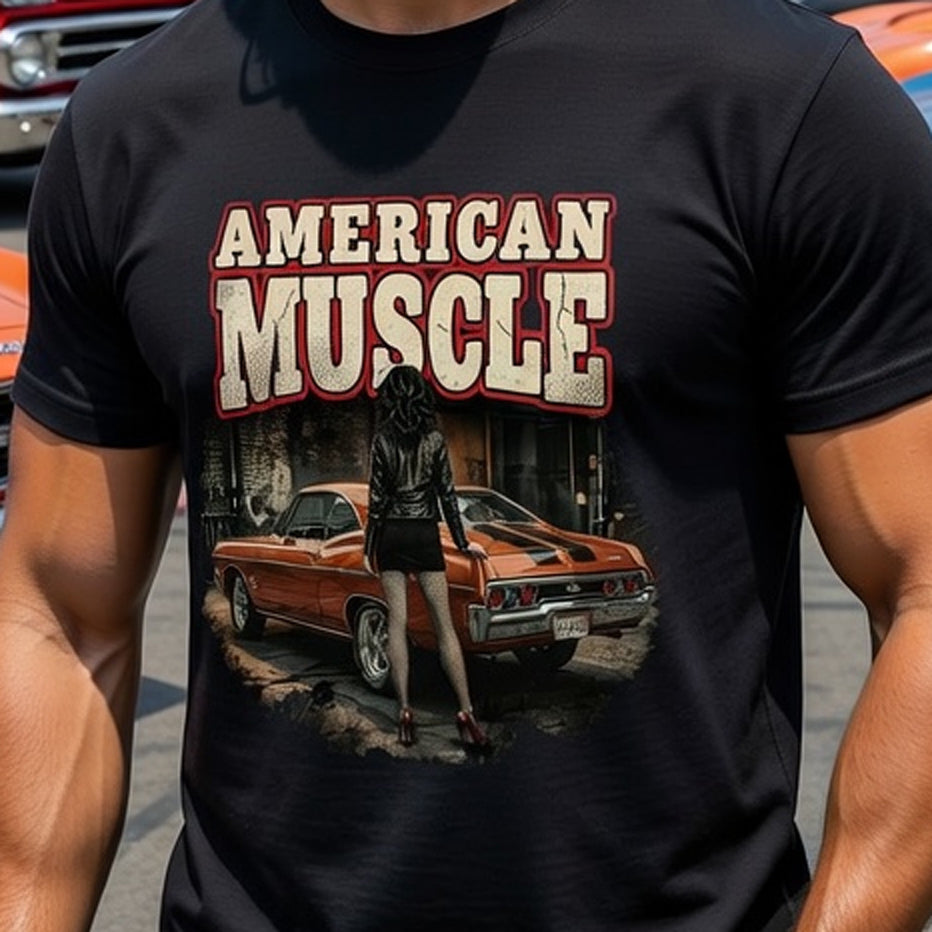 Person wearing a black t-shirt with 'American Muscle' graphic design featuring a woman and red 1968 chevy Impala.