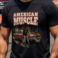 Person wearing a black t-shirt with 'American Muscle' graphic design featuring a woman and red 1968 chevy Impala.