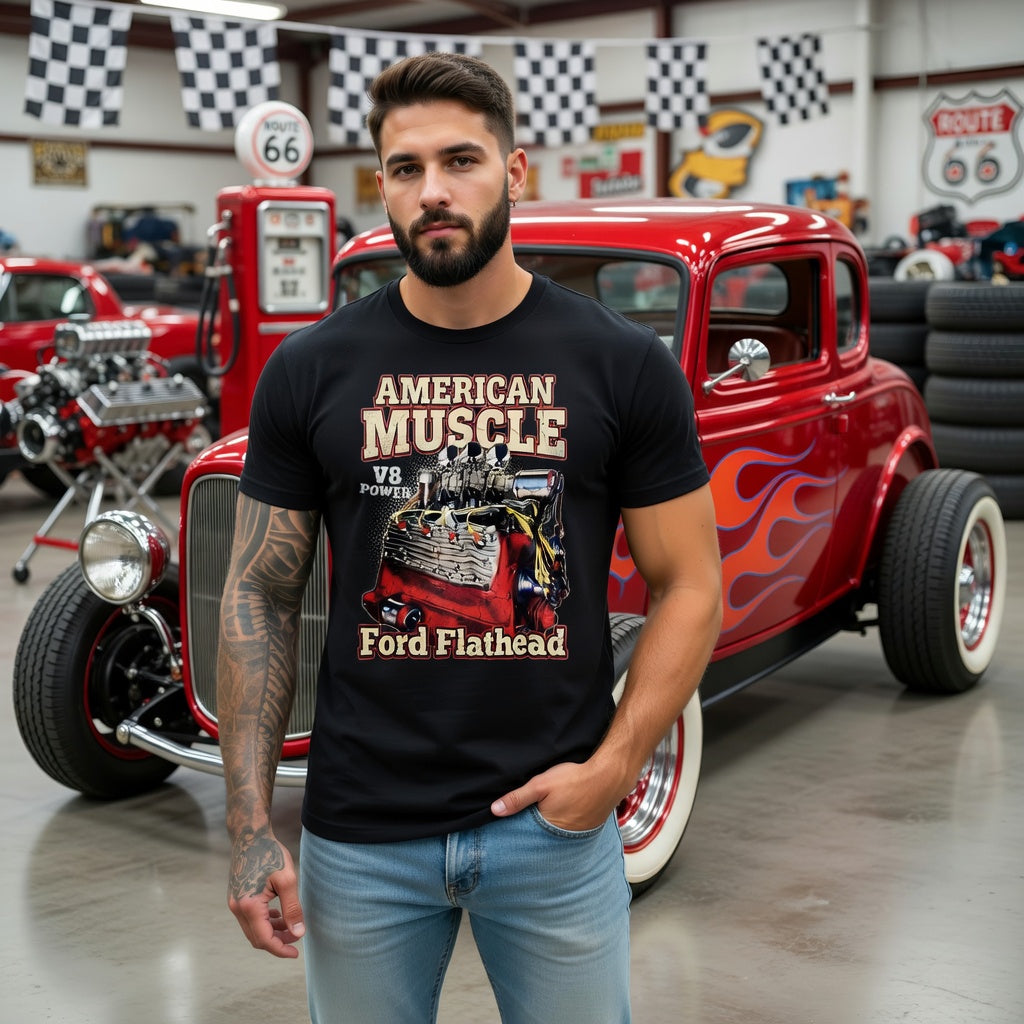 American Muscle Ford Flathead V8 T‑Shirt – Vintage V8 Engine Tee