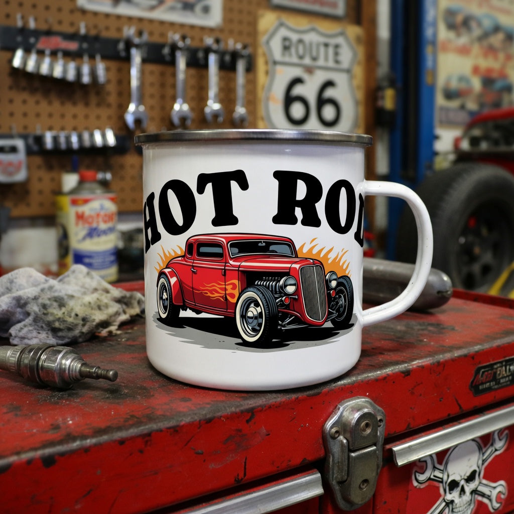 White mug with a red classic car graphic and 'HOT ROD' text on a workshop counter.
