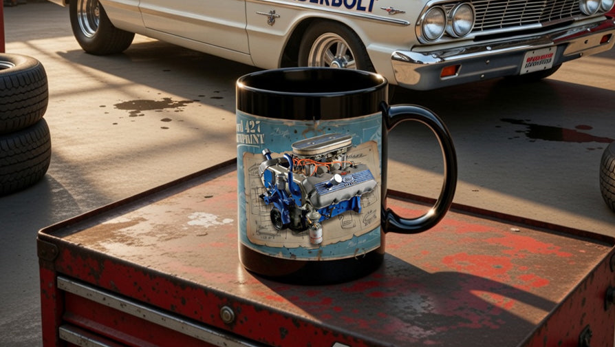 Vintage car with 'Thunderbolt' branding in a garage setting, featuring a mug on a tool chest.