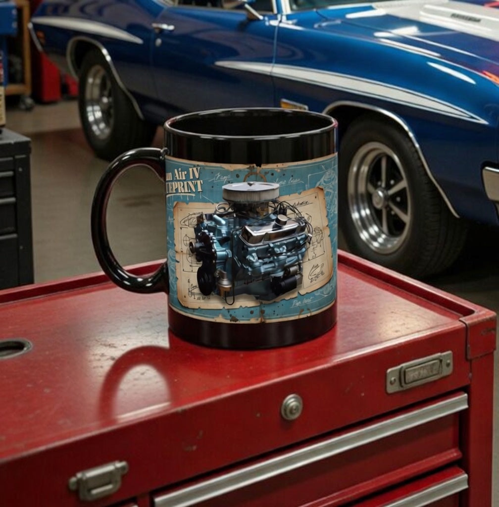 Guess the Engine - #4 Pontiac Ram Air IV Engine Blueprint Black Mug