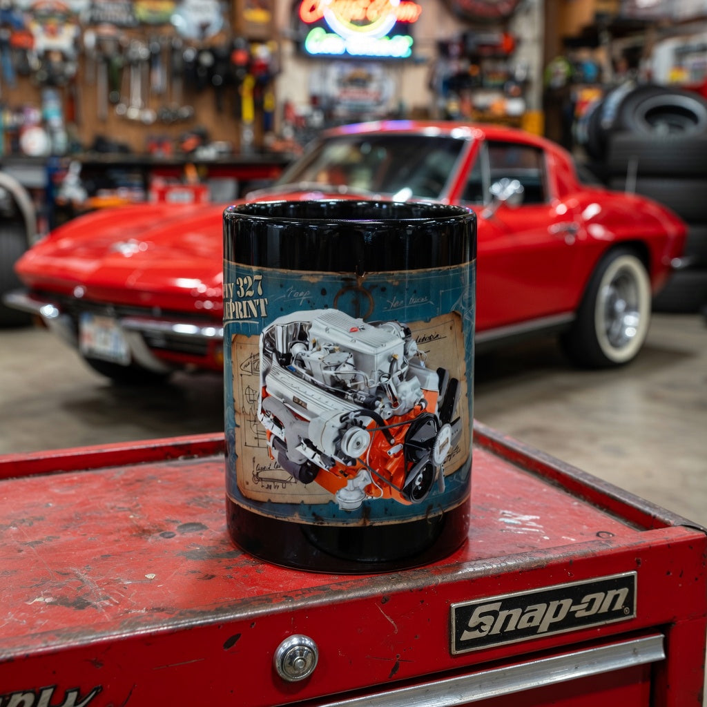 Black mug featuring a detailed print of a Chevy 327 engine, perfect for car enthusiasts.
