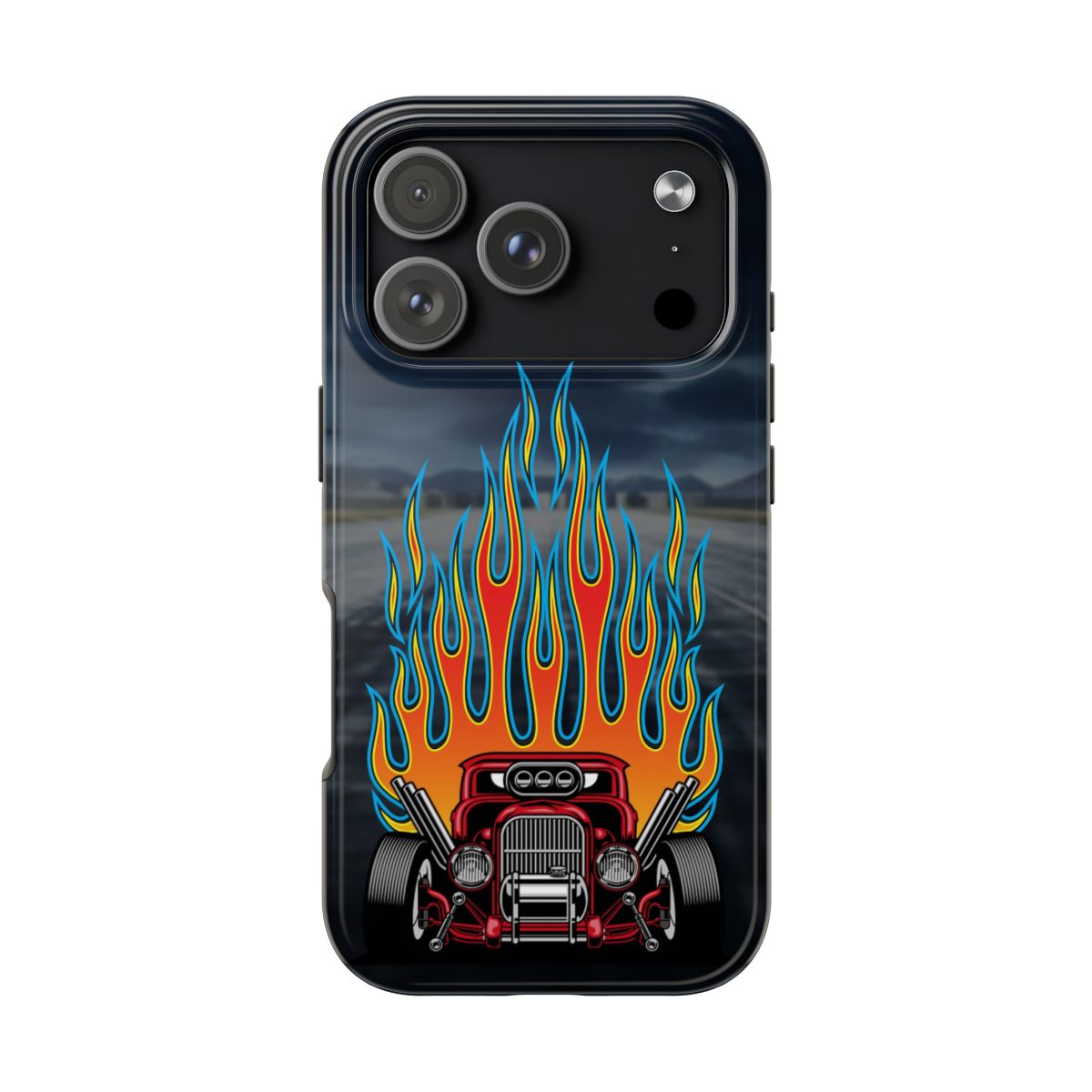 Phone case with a hot rod and flames design on a black background