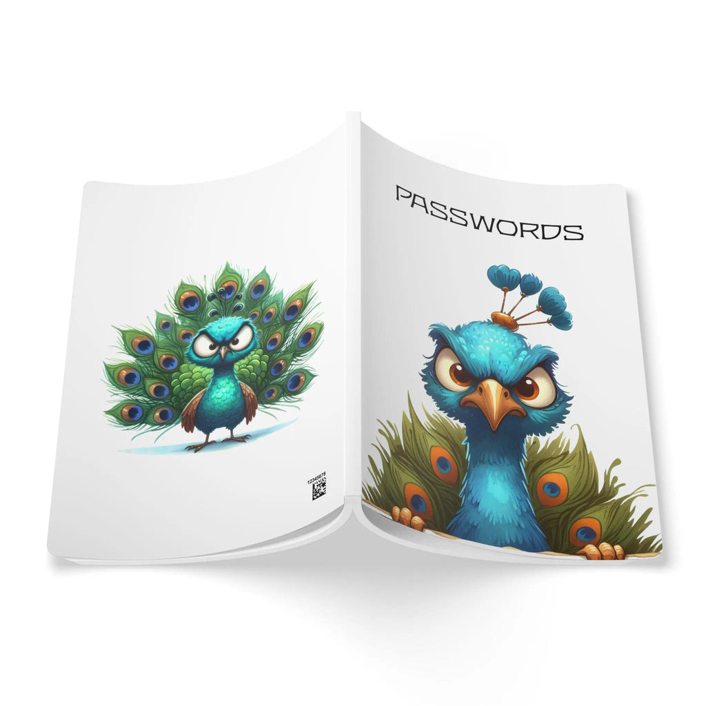 Angry peacock passwords journal open to two pages with funny peacock illustrations on a white background